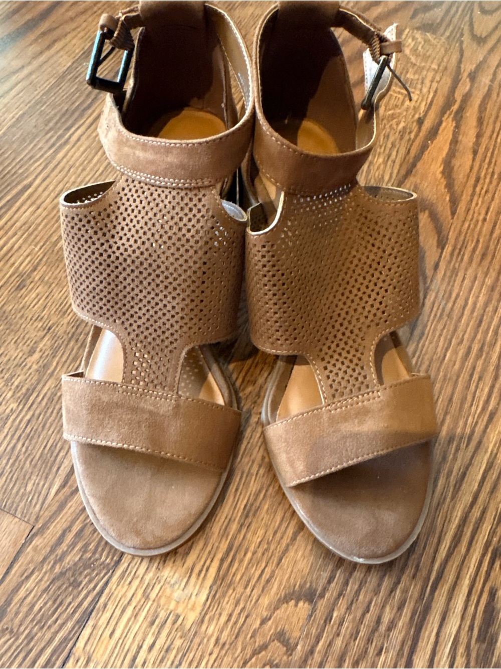 Denver Hayes Perforated Brown Suede Block Heel Sandals
